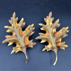 Brass Oak Leaf Wall Hangers Pair MCM Autumn Patina Metal Fall Decor